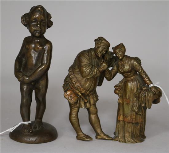 F* Beihl, cold-painted bronze group of Falstaff and Mistress Quickly and a bronze study of a young child